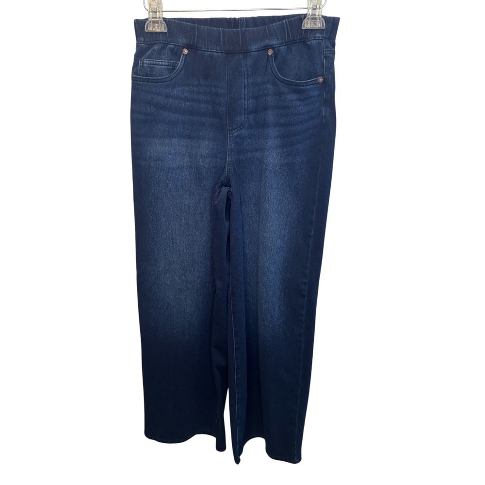 Lands End Womens Dark Indigo Blue Wide Leg Elastic Waist Denim Jeans S Capsule